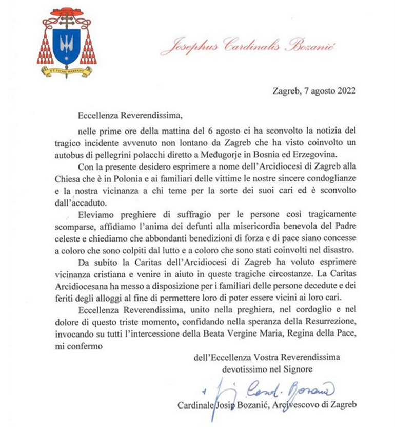 Slika: Kardinal Bozanić uputio pismo sućuti nadbiskupu Gądeckom